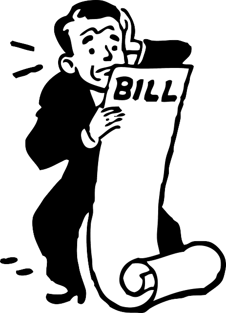 Cartoon of a man looking worried as he holds a very long bill