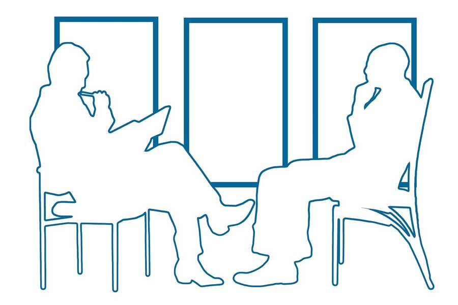 A line drawing of two figures sitting in chairs, as if at an interview